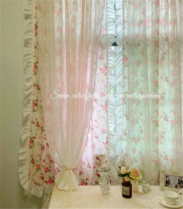 französische rüschengardinen pink mit blumenmuster im eleganten stil, grösse b160 h220 cm