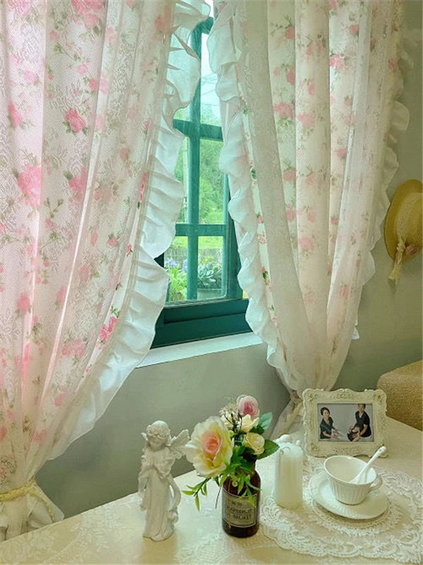 französische Spitzen-Rüschengardine in Pink mit Blumenmuster B160 H220 CM Stangentasche