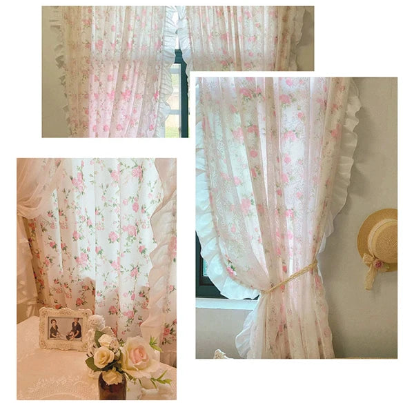 französische rüschengardinen mit blumenmuster aus polyester, farbe: pink