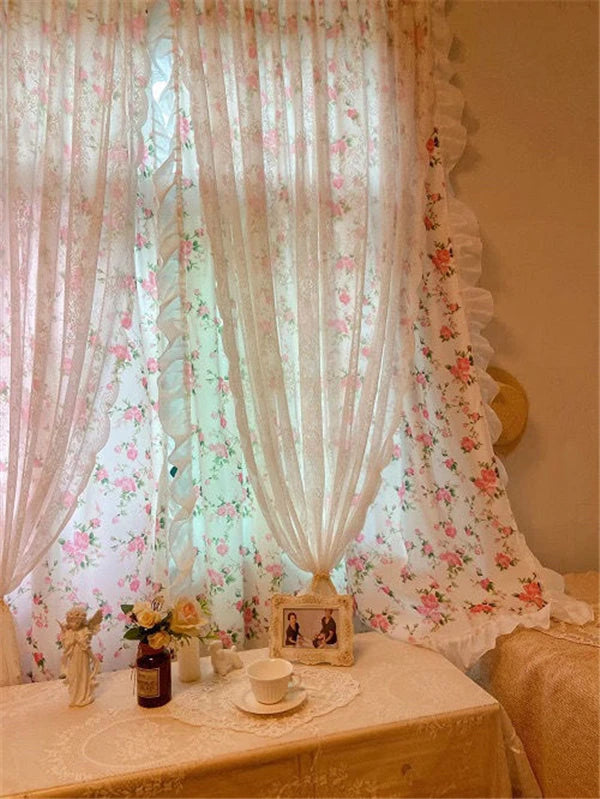 französische rüschengardinen, pink, blumenmuster, erkerfenster, polyester baumwolle, grösse: 1 St. B160 H220 CM, verarbeitung: Ösen (Ringe)