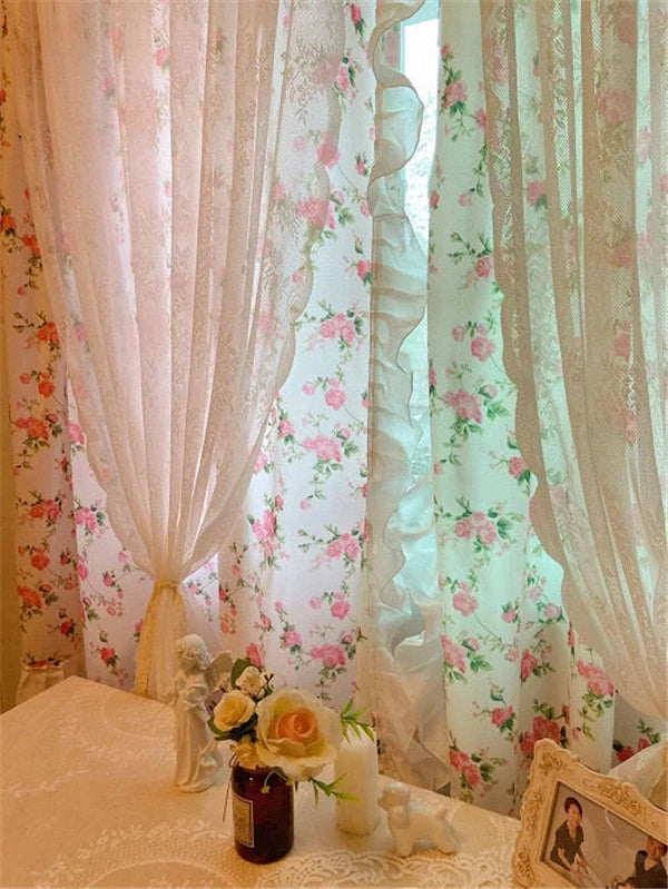 französische rüschengardine mit blumenmuster in pink, grösse 1 st. b160 h220 cm, hoch elegant für wohnzimmer oder hotel