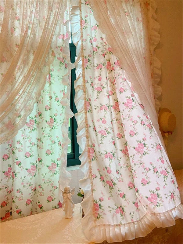 französische Rüschengardinen mit Blumenmuster aus Polyester, Farbe: pink, Grösse: 1 St. B160 H220 CM, Klettverschluss