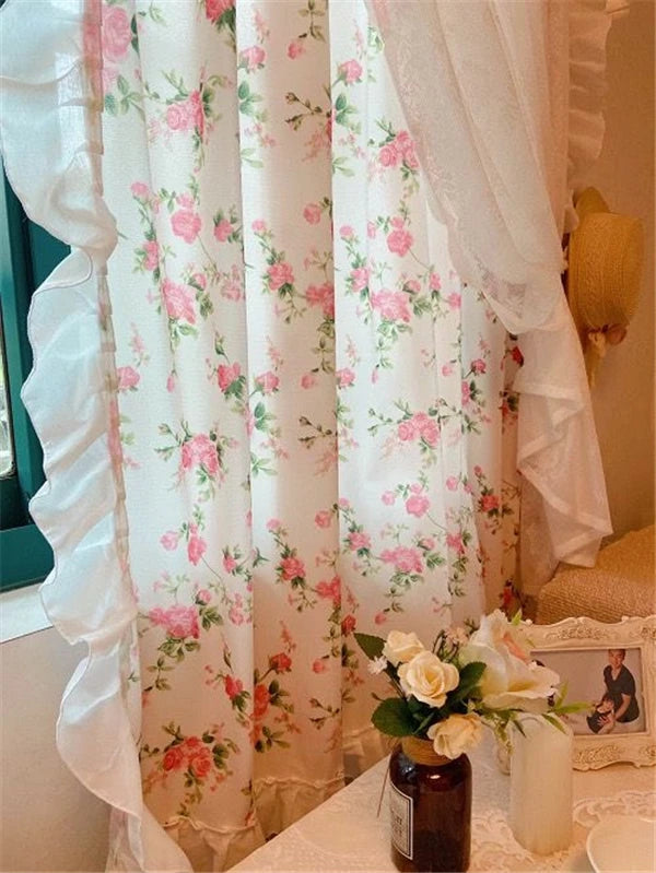 französische rüschengardine im eleganten stil, aus polyester, farbe: pink, grösse: 1 st. b160 h220 cm mit spitzen-blumenmuster