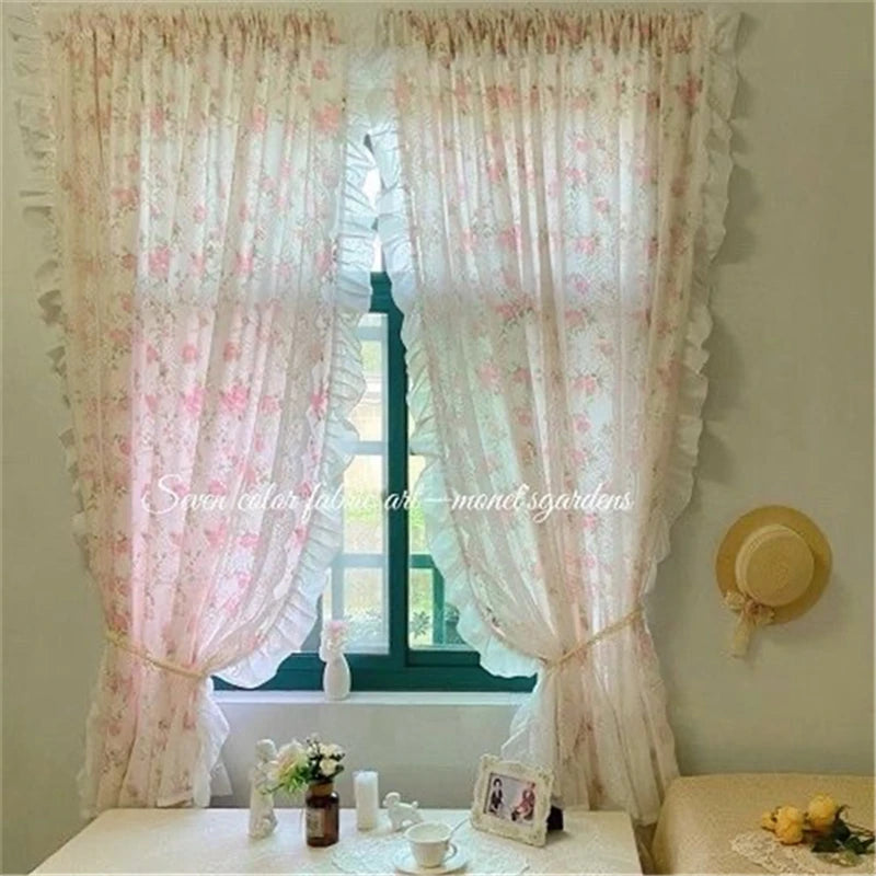 Französische Rüschengardine aus Polyester und Baumwolle, pink, mit Blumenmuster, Grösse B160 H220 CM, einseitig doppellagig