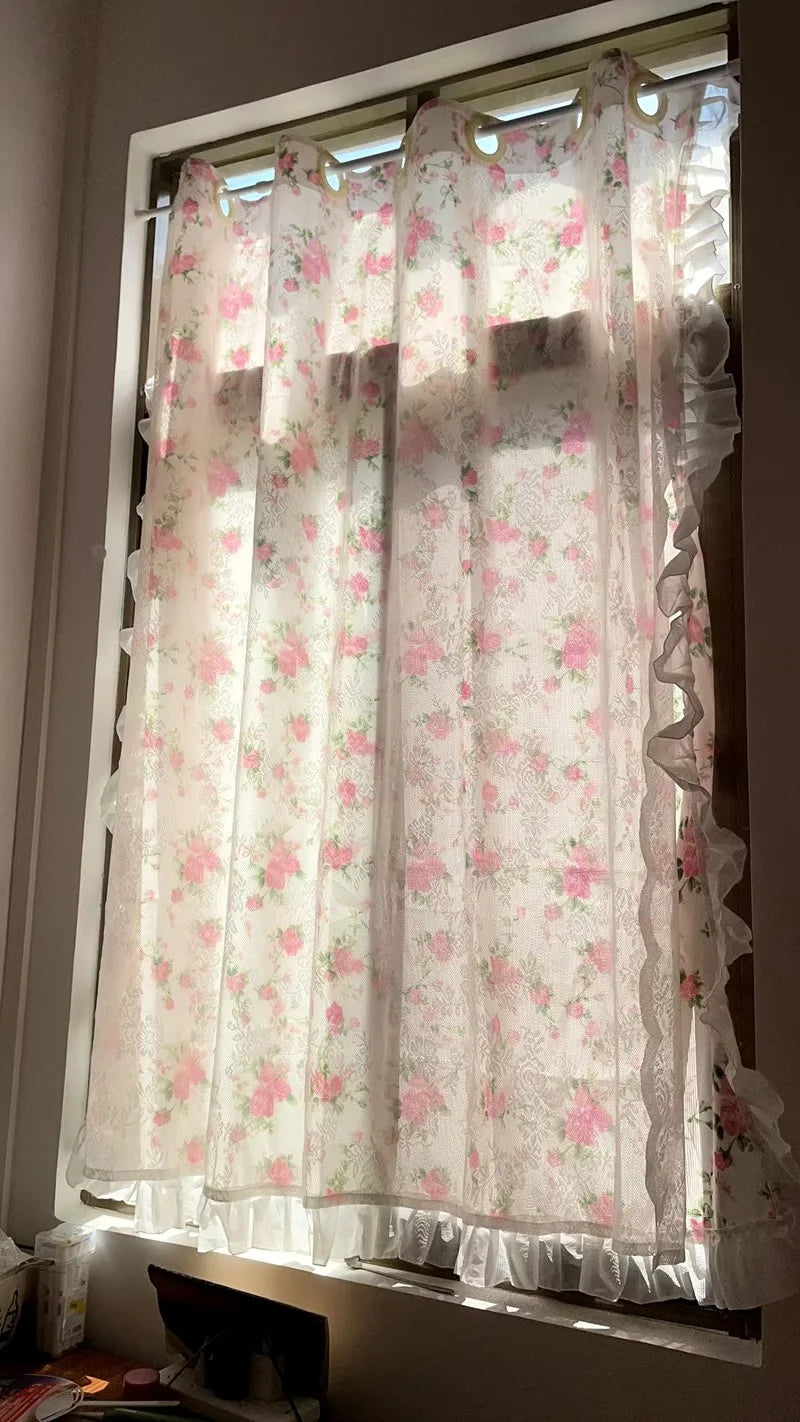 französische Rüschengardine aus Polyester in Pink mit Blumenmuster, Grösse B160 H220 cm, Klettverschluss