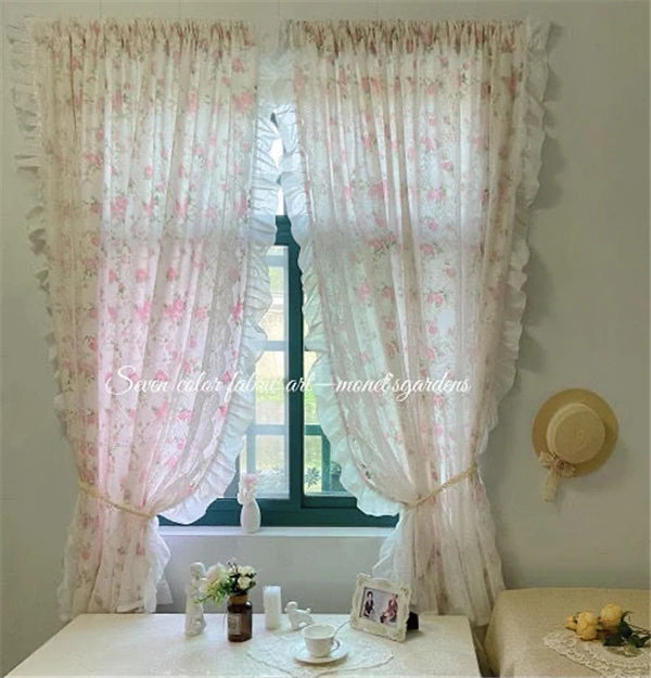 Französische Rüschengardine in Pink mit Blumenmuster, Grösse 1 St. B160 H220 CM, Aufhängung mit Ösen