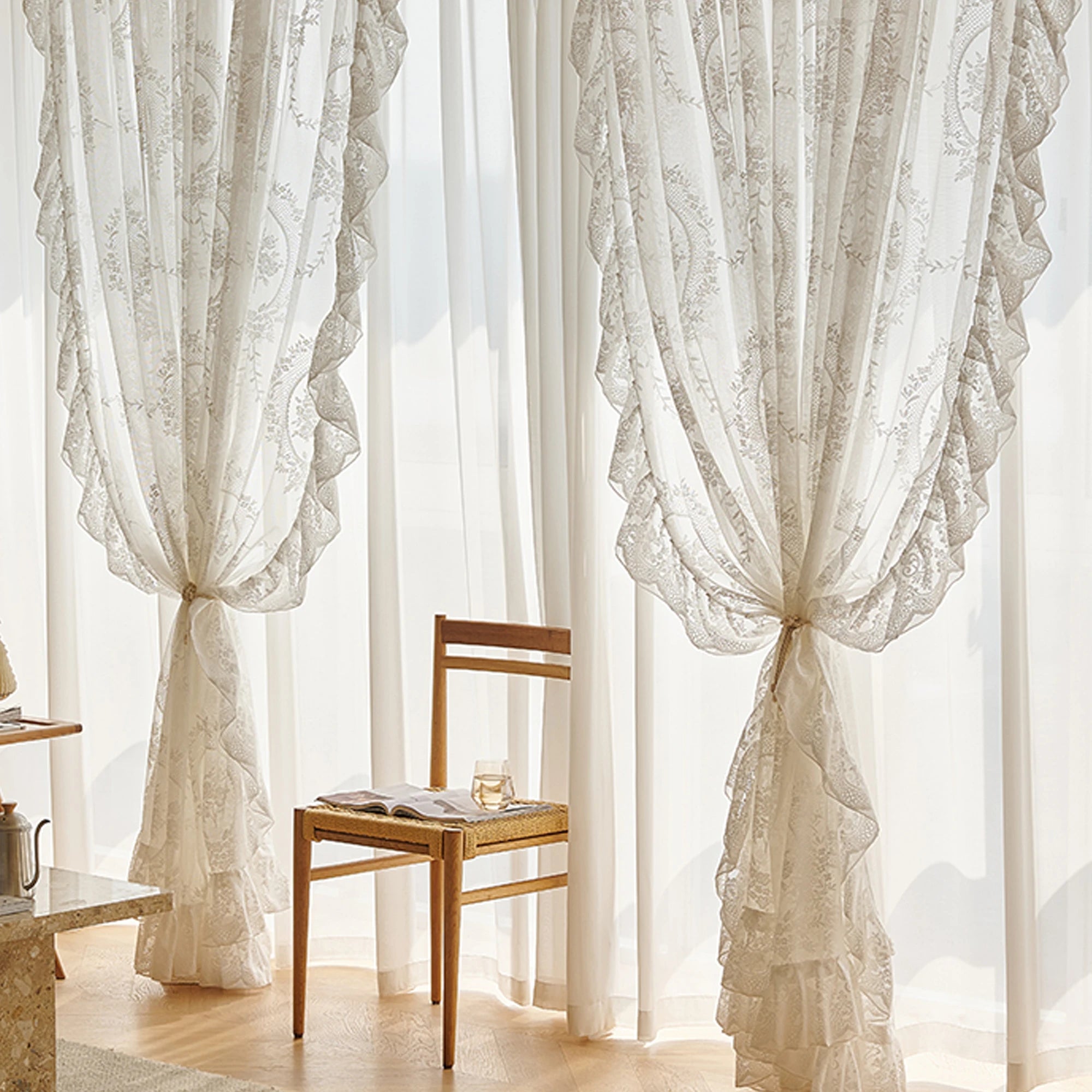 Beiger Vorhang im Pastoralstil aus 100% Polyester, Grösse B200xH260cm