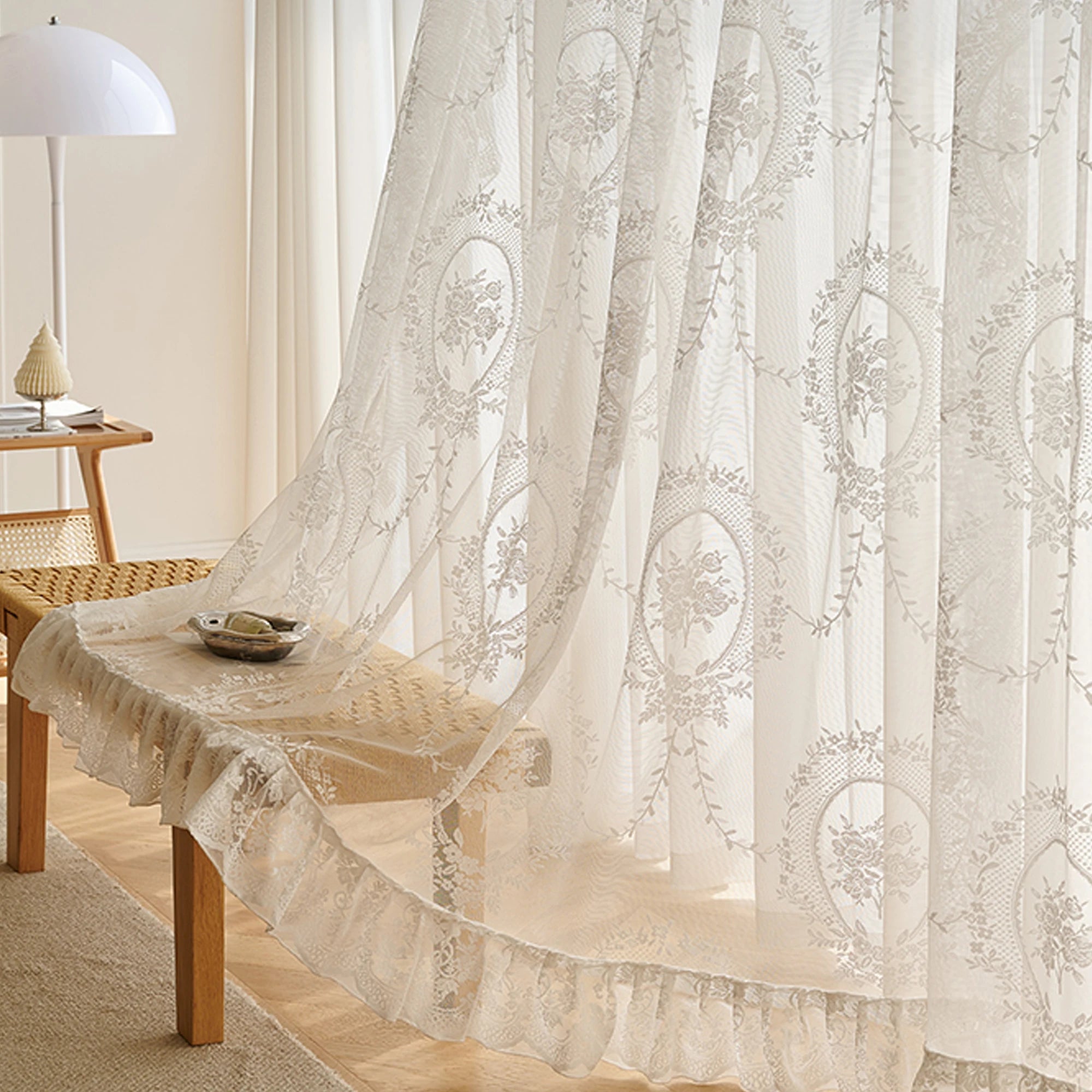 Pastoraler beige Vorhang, 100% Polyester, Hakenbandsockel, Grösse: B200xH260cm