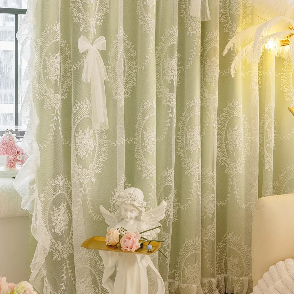 Spitzengardine aus Polyester in grün, Blumenmuster, B150cmxH250cm