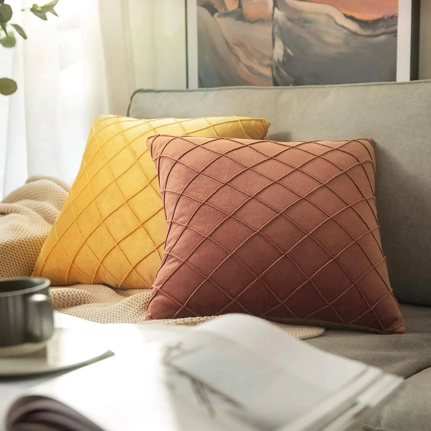 Geometrischer Kissenbezug in Türkis aus Samt im Boho-Stil 45x45 cm