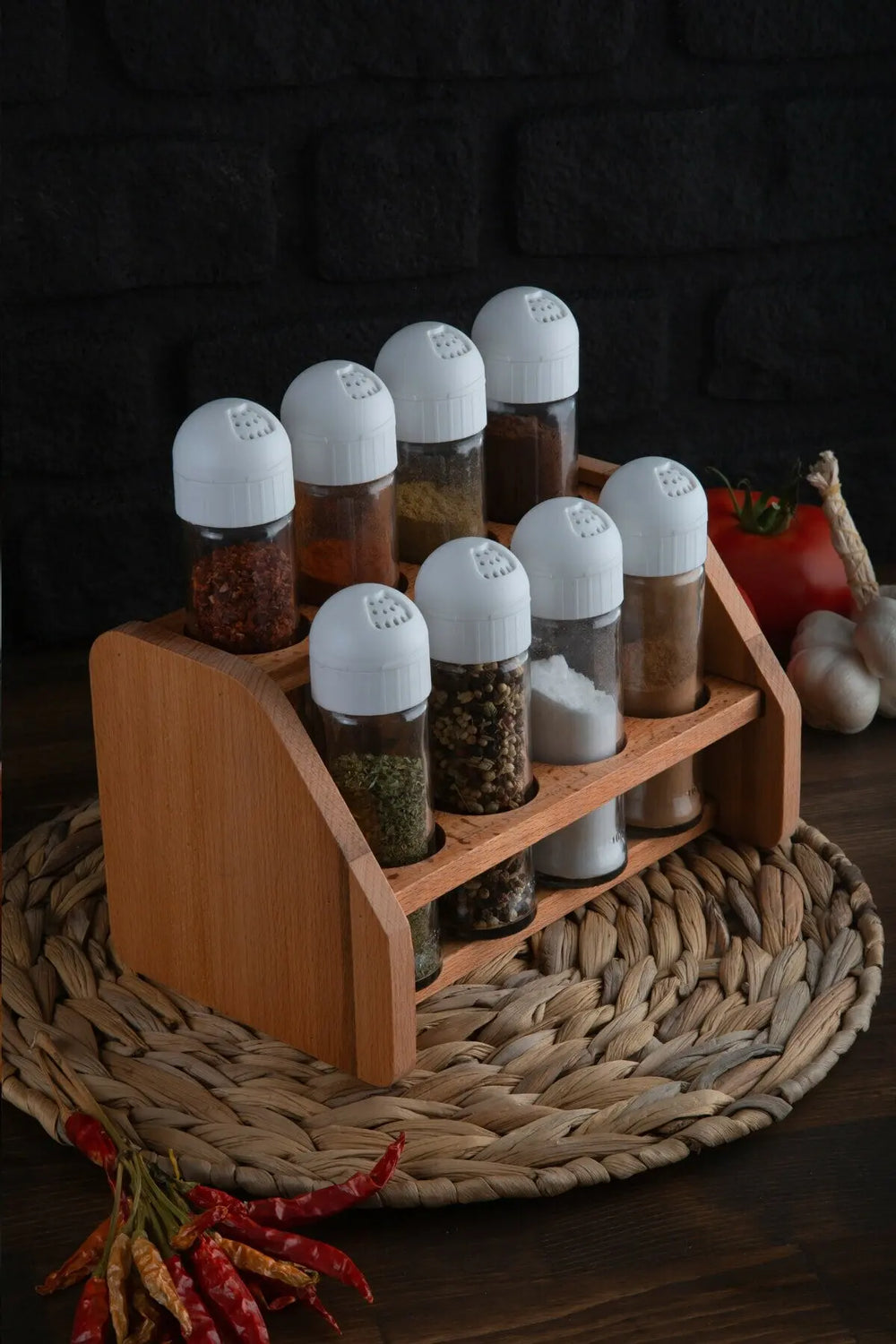 Gewürzregal Set – Modern Glas mit Holzständer – 8-12 Teile Küchenorganisator