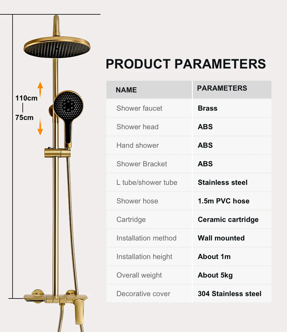 Gold-Duschsystem – Messing-Design – Höhenverstellbar