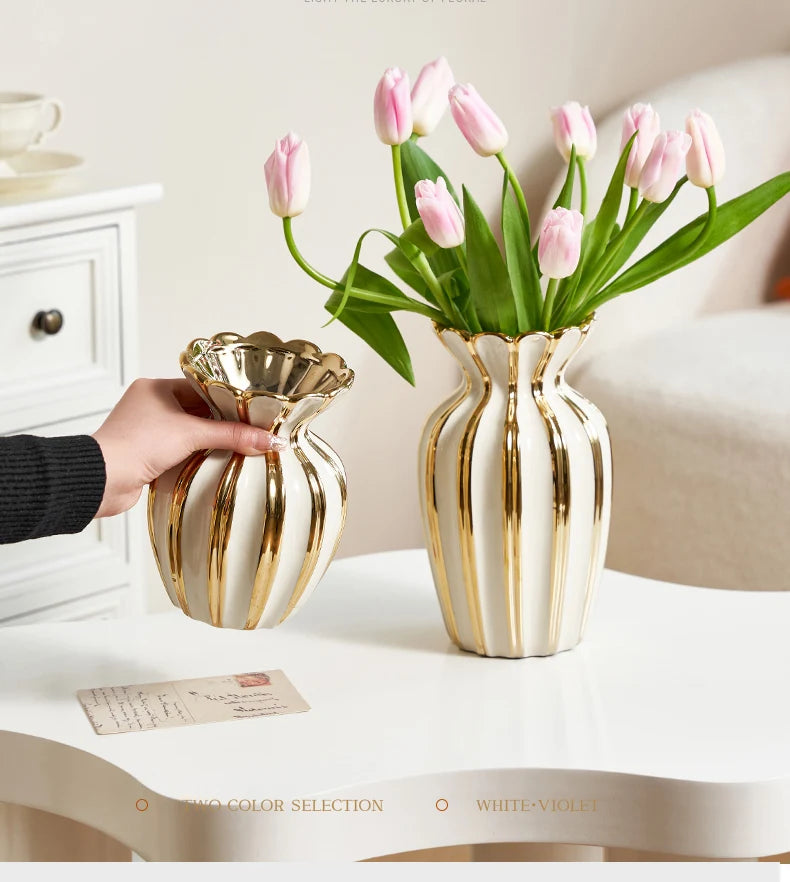 goldene cremeweisse keramikvase im nordischen stil für wohnzimmer