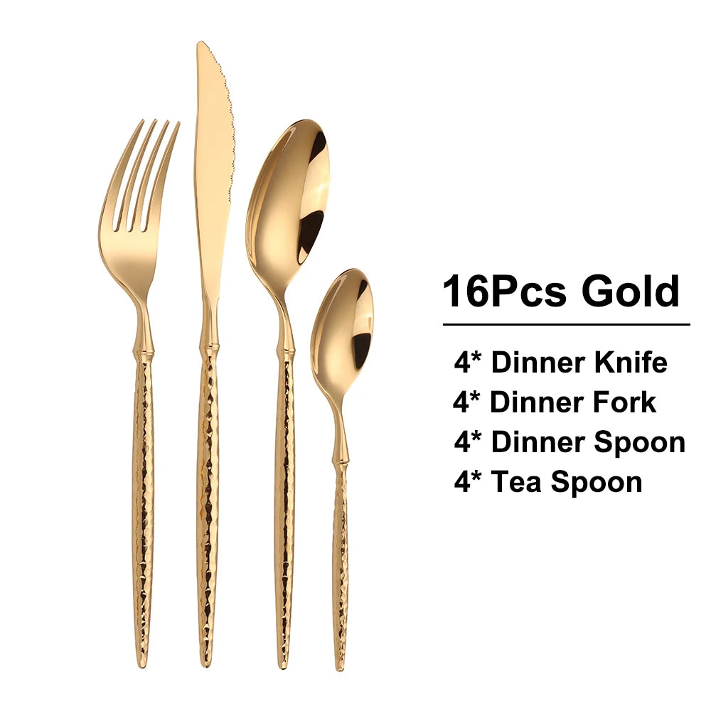 Goldenes Besteckset – Hammermuster – 6/16/20/24 Stück