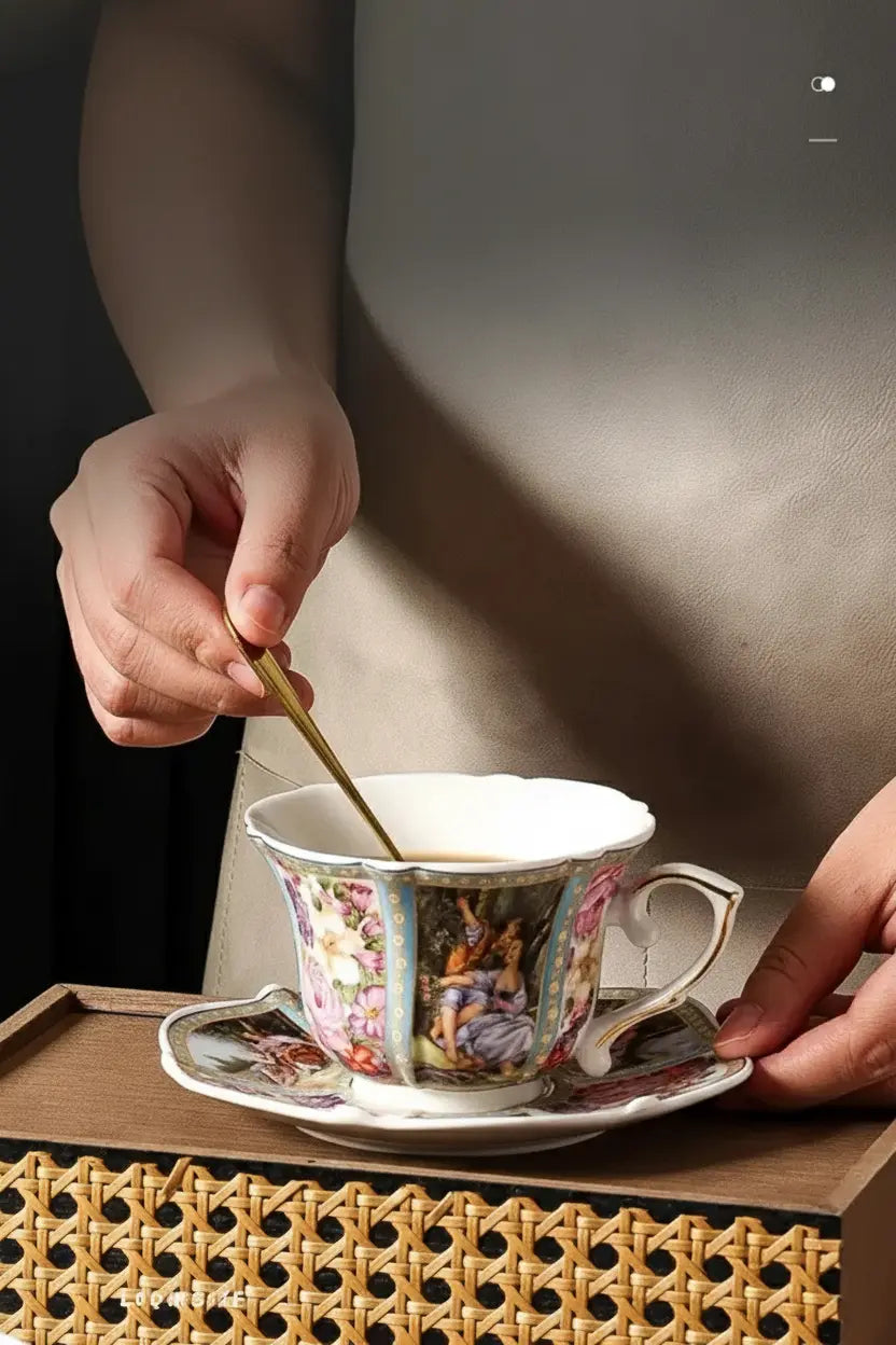 Goldgesäumte Porzellantasse – Western Stil mit Tablett