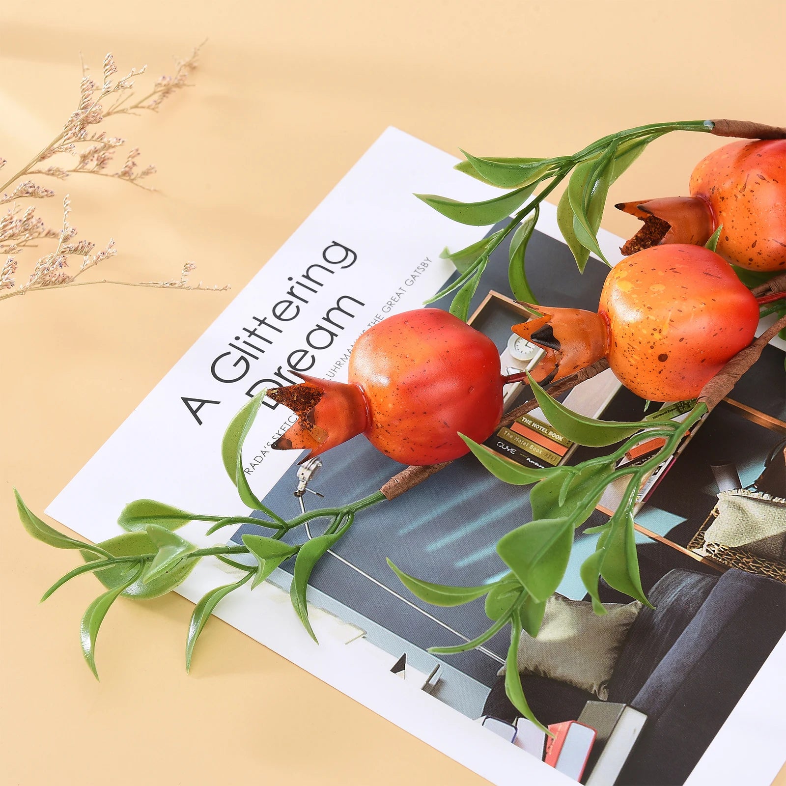 Granatapfelzweig Deko – Seide & Schaum – 60 cm für Innen