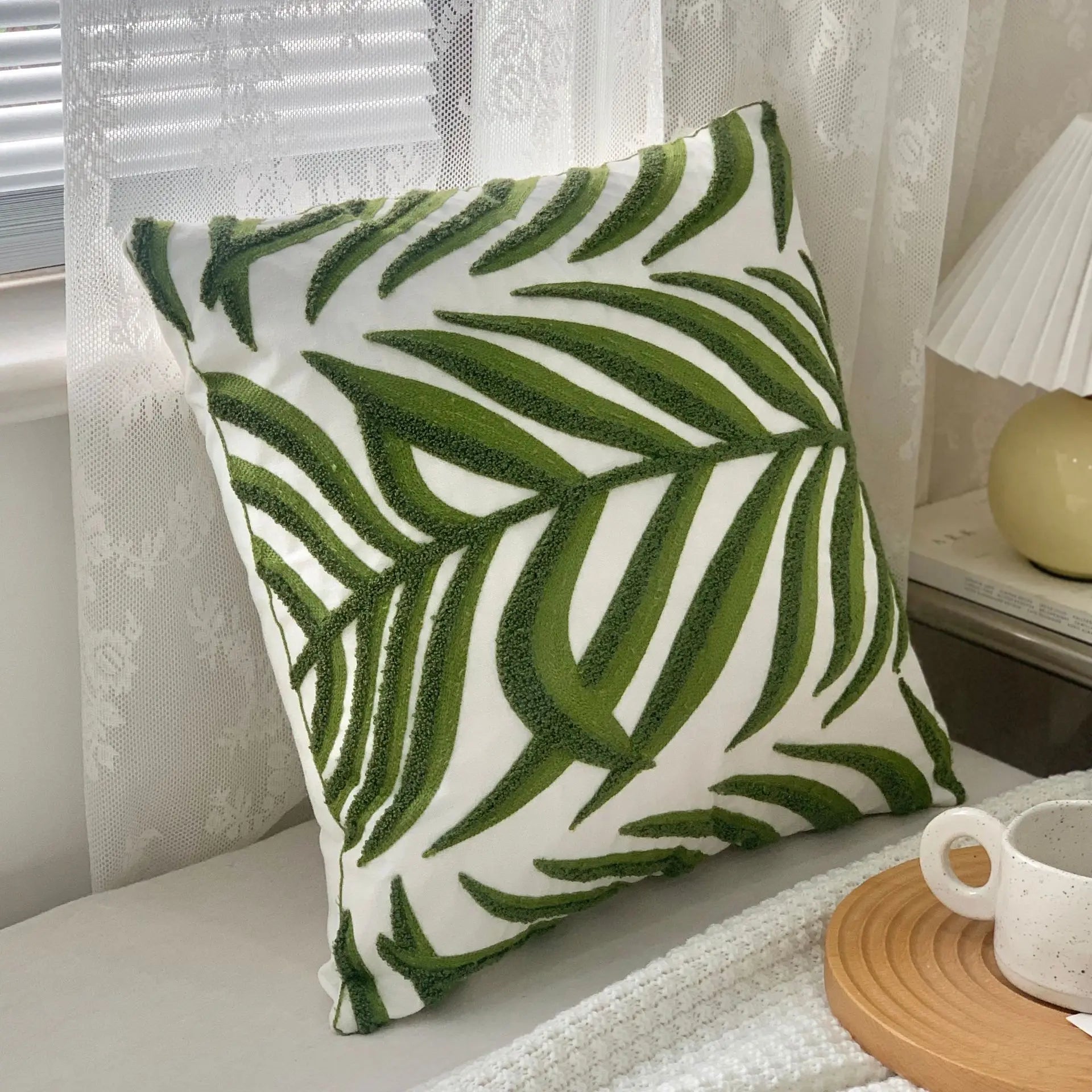 Grüne Blatt Stickerei Kissenbezug – Modernes Baumwolle 45x45cm