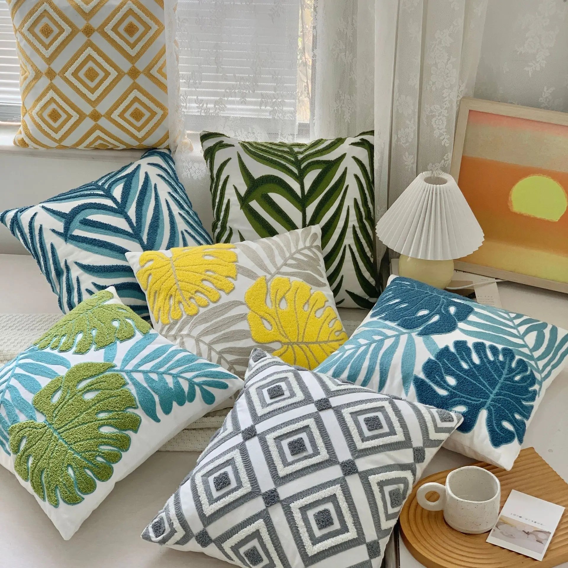 Grüne Blatt Stickerei Kissenbezug – Modernes Baumwolle 45x45cm