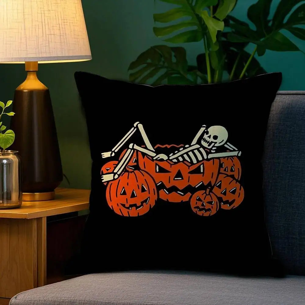 Halloween Kissen quadratisch aus Polyester mit Kürbis- und Totenkopfdesign, Farbe: z1, Grösse: 45x45 cm
