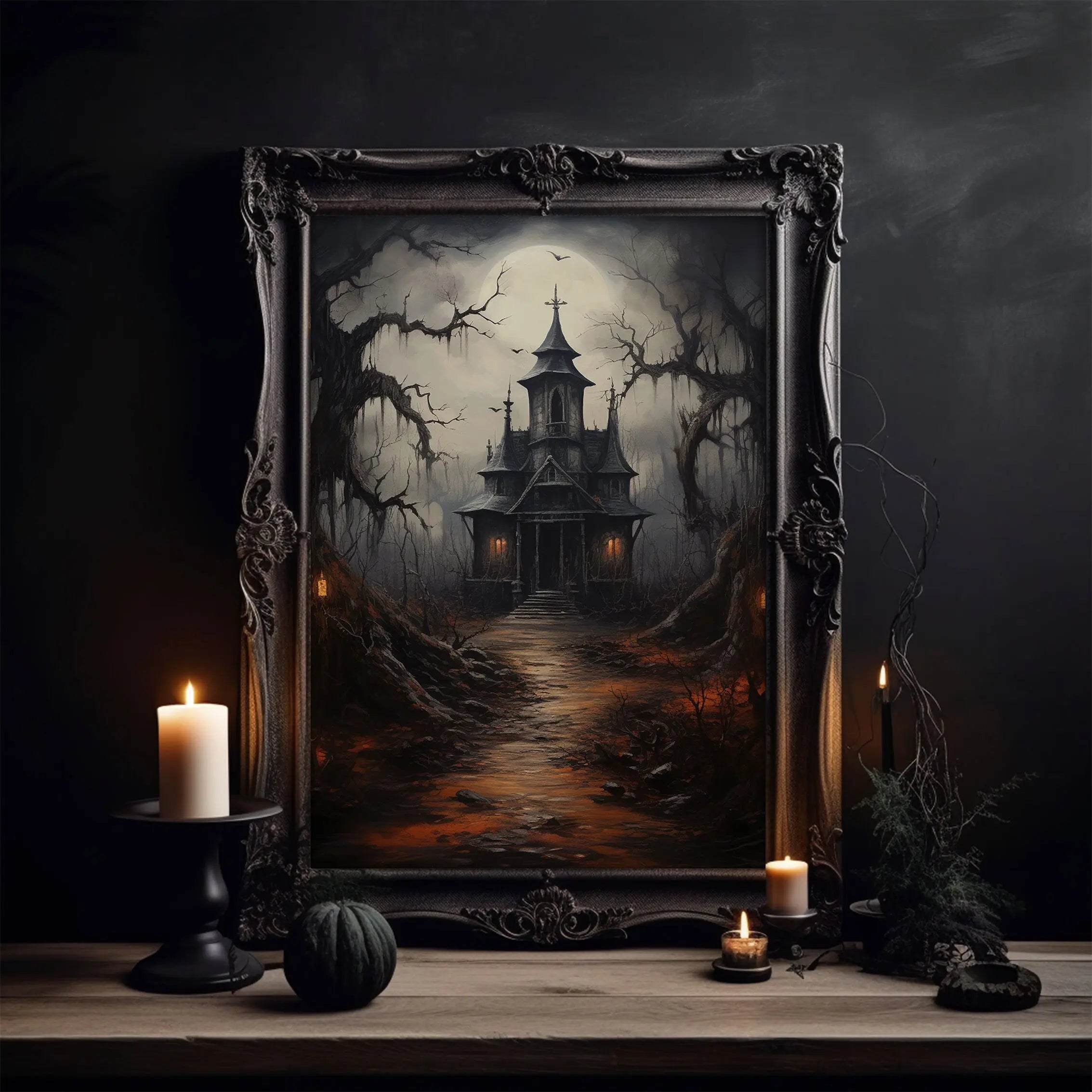 Modernes Halloween Ghost House Leinwandposter in Schwarz, 60x90 cm unframed