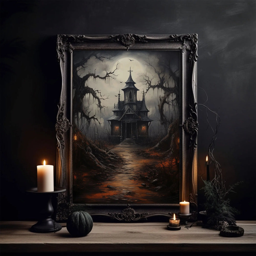 Modernes Halloween Ghost House Leinwandposter in Schwarz, 60x90 cm unframed