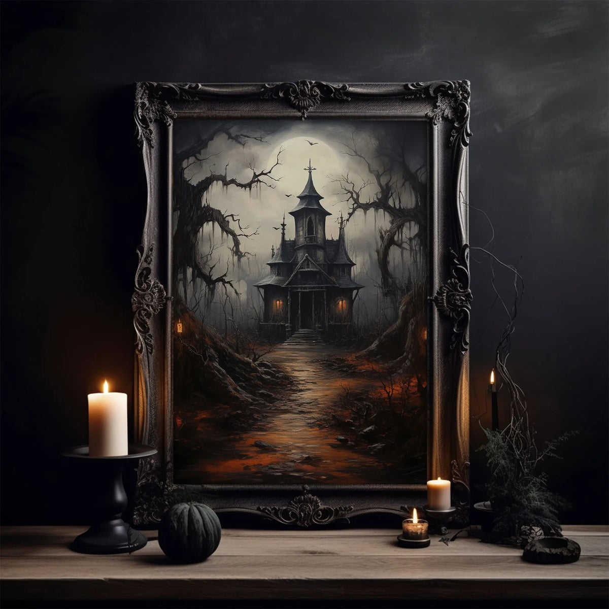 Modernes Halloween Ghost House Leinwandposter in Schwarz, 60x90 cm unframed