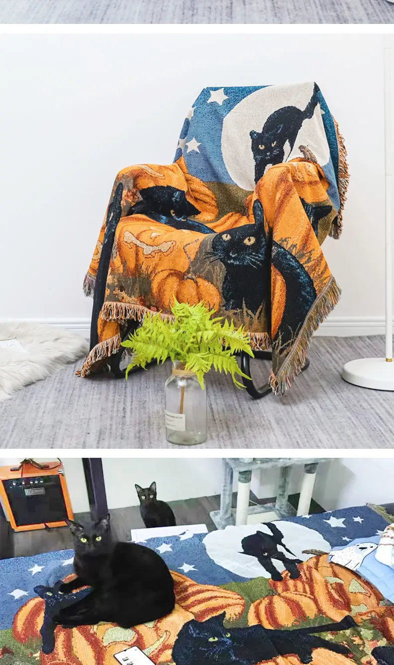 Halloween Schwarze Katze Decke – Gewebt Texturiert 160x220cm