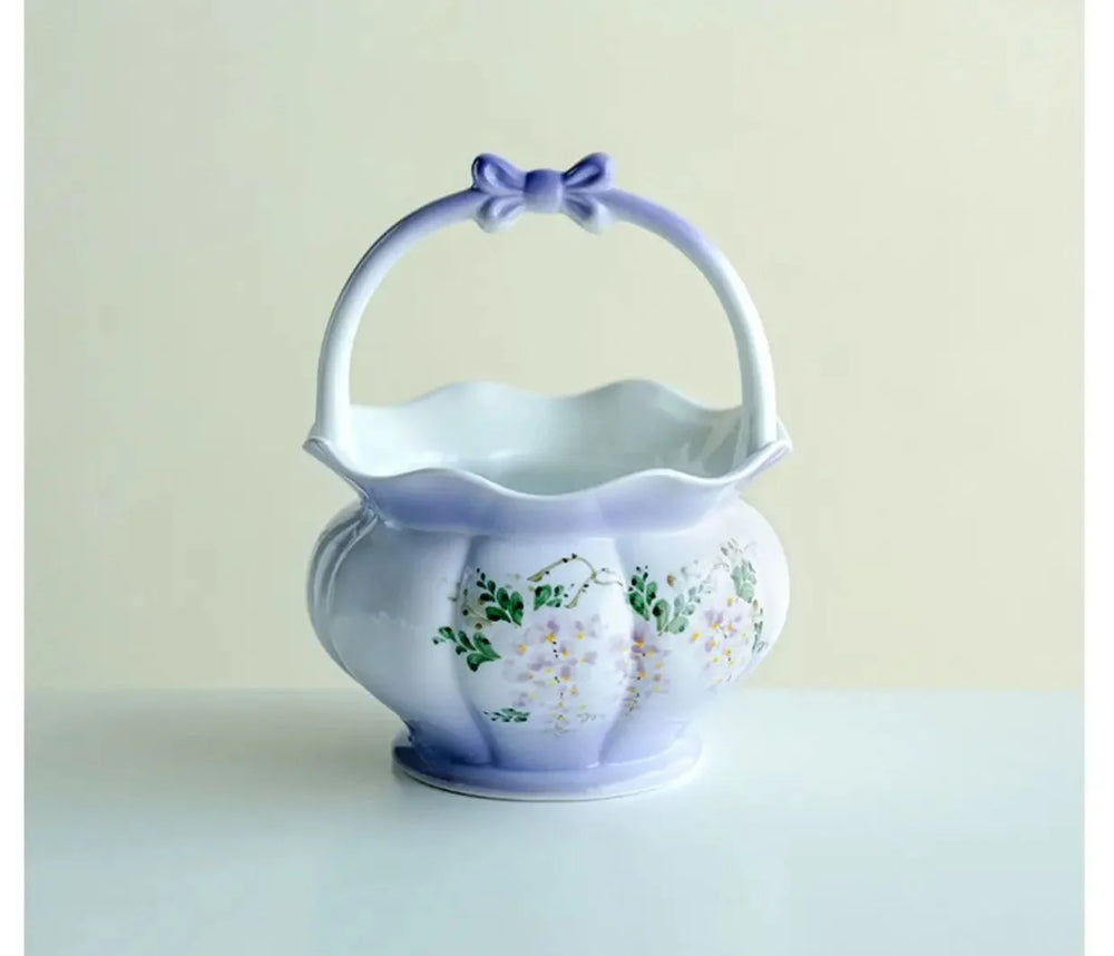 Mehrfarbige Keramikvase im Landhausstil mit Glyzinien-Design, 12.8x15.6cm