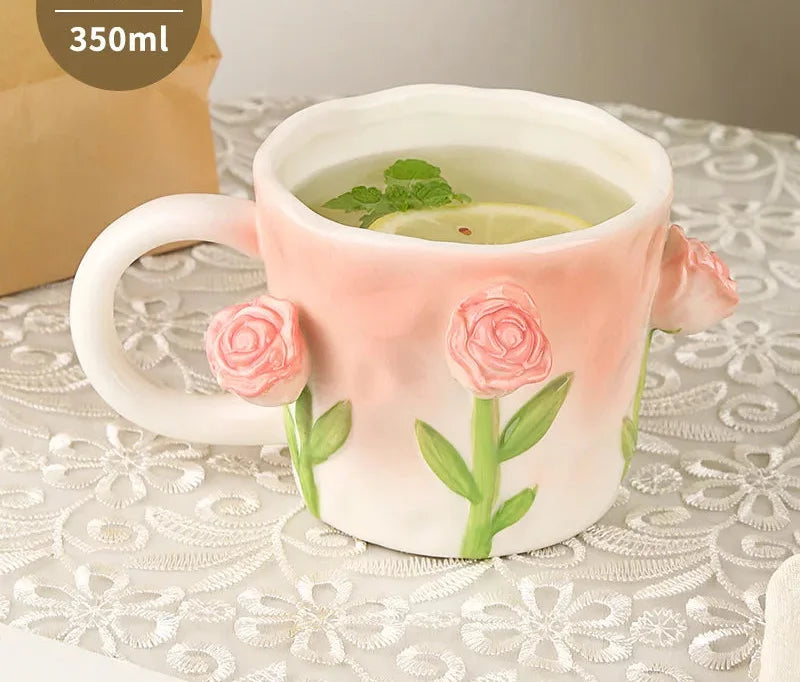 Handgefertigte Porzellantasse – 3D-Blumendesign 350ml