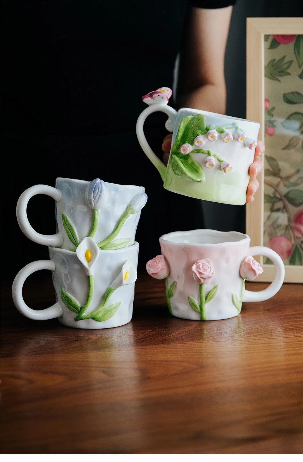 Handgefertigte Porzellantasse – 3D-Blumendesign 350ml