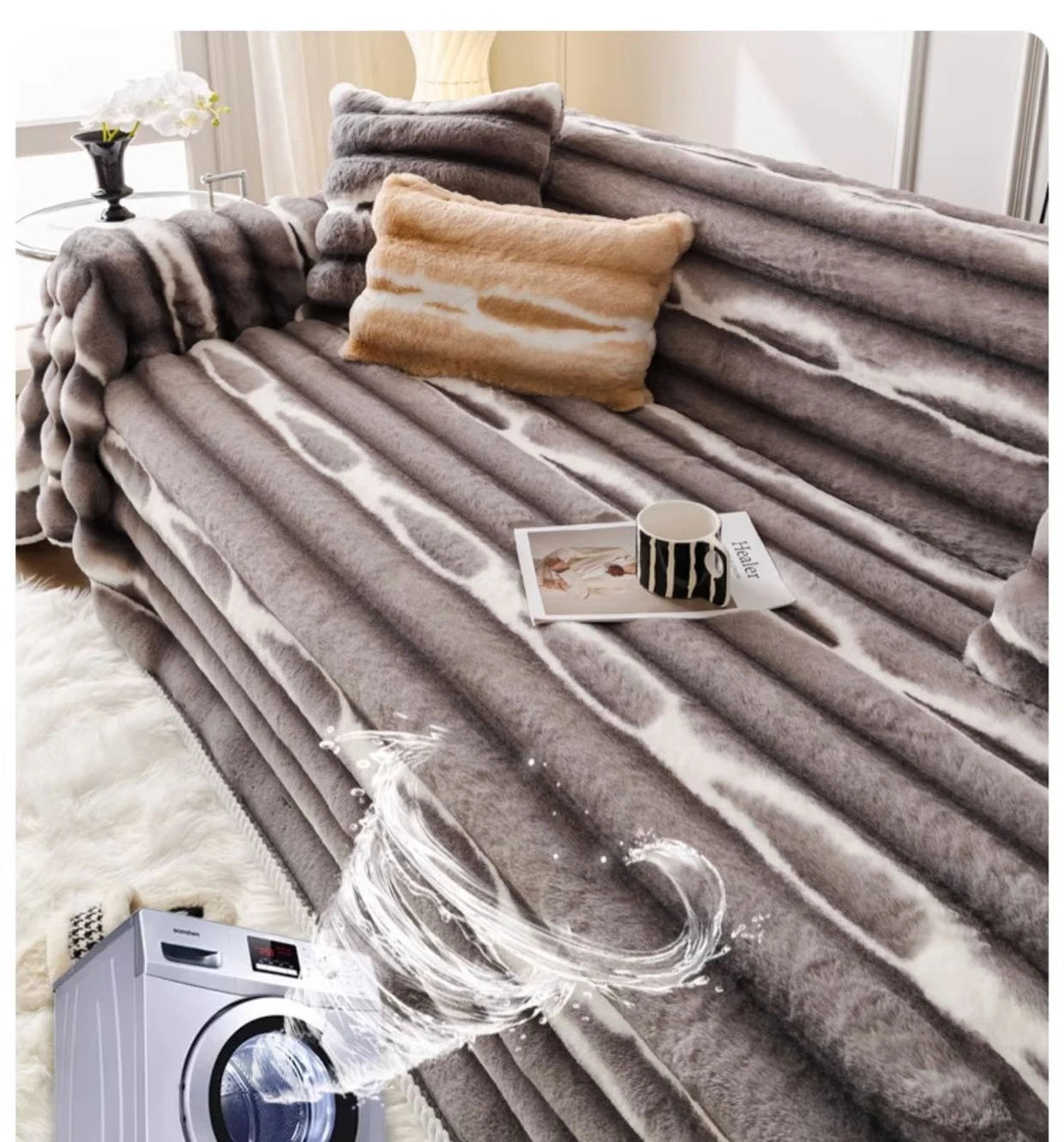 Hasenplüsch Sofaüberwurf in Dunkelgrau, 180x200cm, nordischer Stil