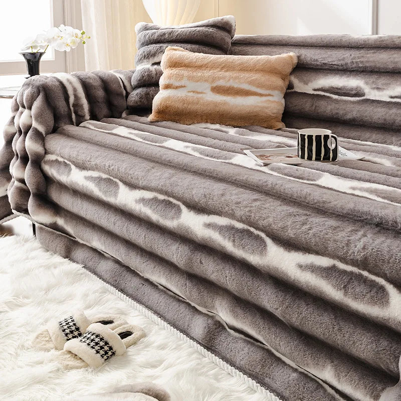 Nordischer Hasenplüsch Sofaüberwurf aus Polyester, Farbe: Dunkelgrau, Grösse: 180x200 cm