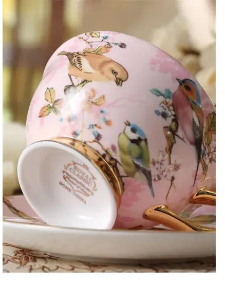 Kaffeeset aus Bone China – Pinker Vogel Stil – Elegantes Tee-Set