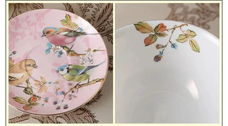 Kaffeeset aus Bone China – Pinker Vogel Stil – Elegantes Tee-Set