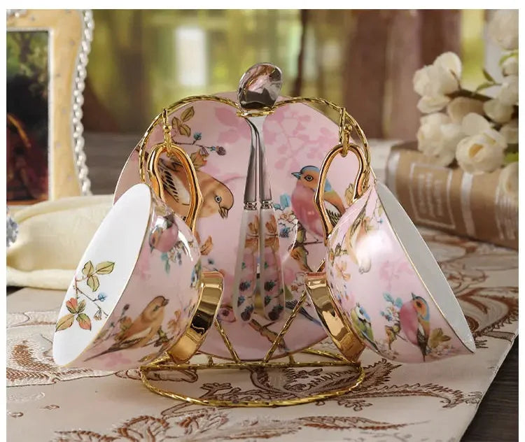 Kaffeeset aus Bone China – Pinker Vogel Stil – Elegantes Tee-Set