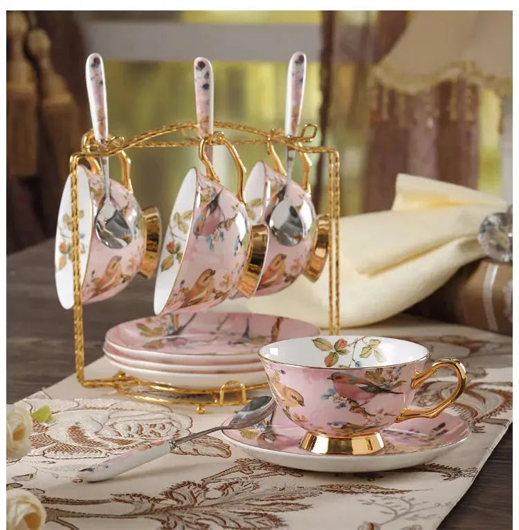 Kaffeeset aus Bone China – Pinker Vogel Stil – Elegantes Tee-Set