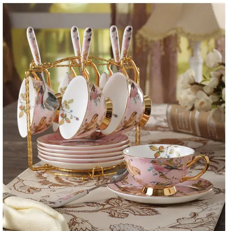 Kaffeeset aus Bone China – Pinker Vogel Stil – Elegantes Tee-Set