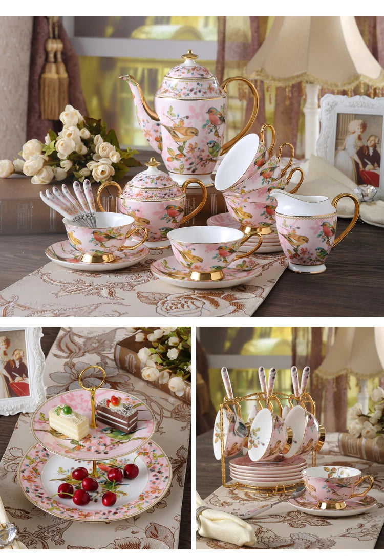 Kaffeeset aus Bone China – Pinker Vogel Stil – Elegantes Tee-Set