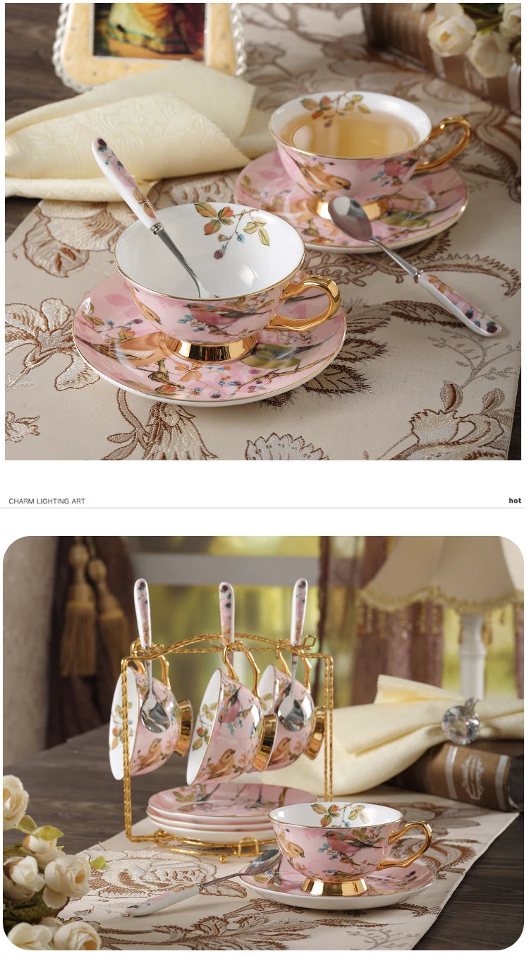 Kaffeeset aus Bone China – Pinker Vogel Stil – Elegantes Tee-Set
