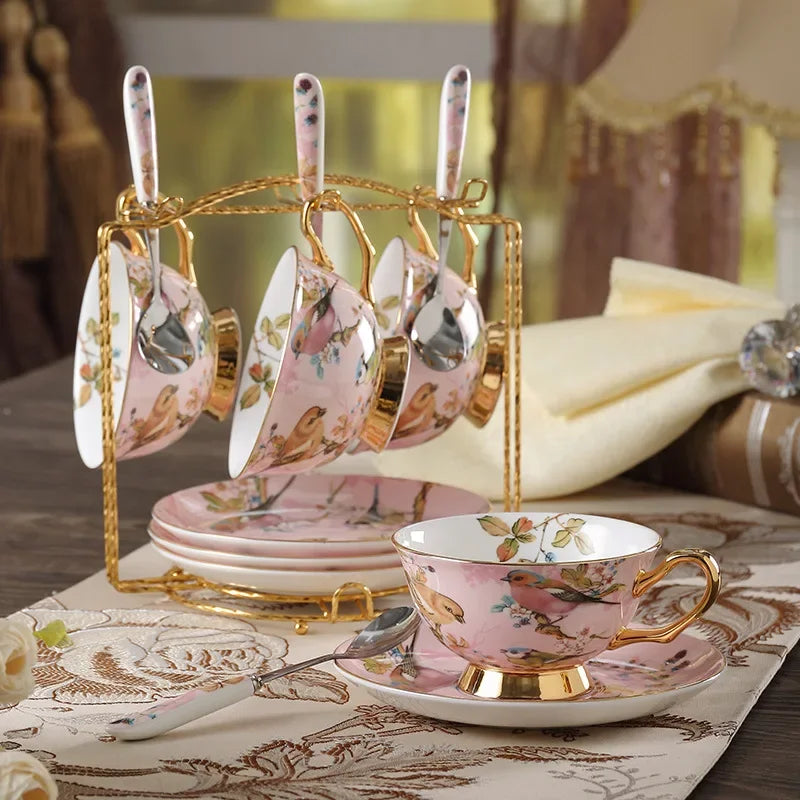 Kaffeeset aus Bone China – Pinker Vogel Stil – Elegantes Tee-Set