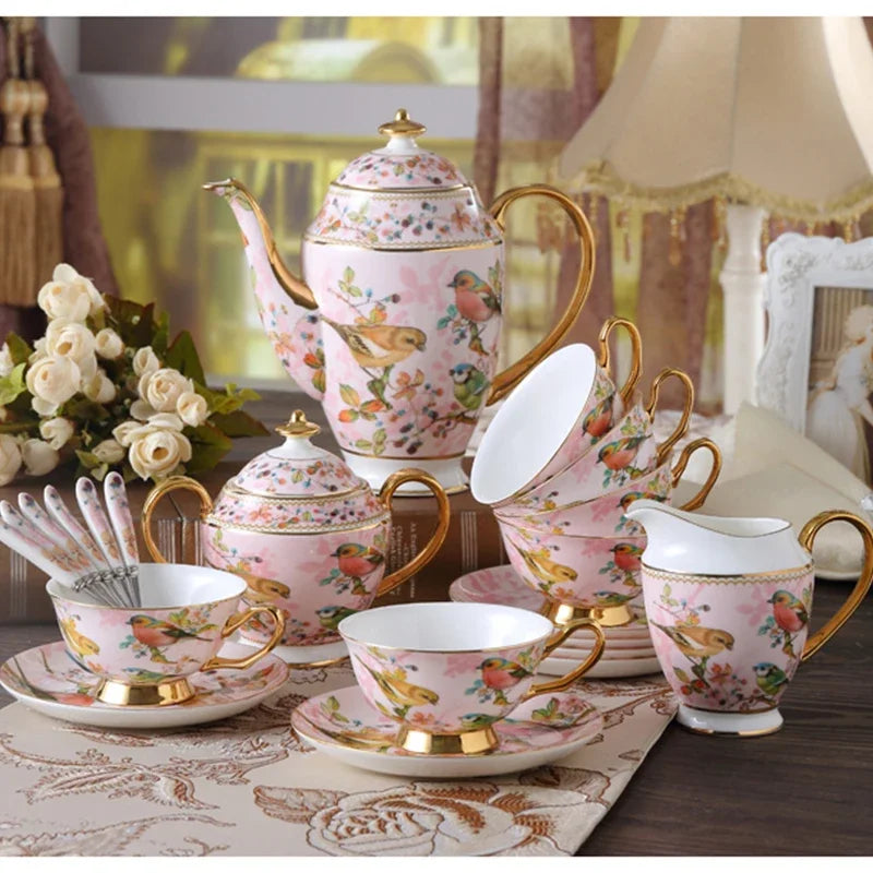 Kaffeeset aus Bone China – Pinker Vogel Stil – Elegantes Tee-Set