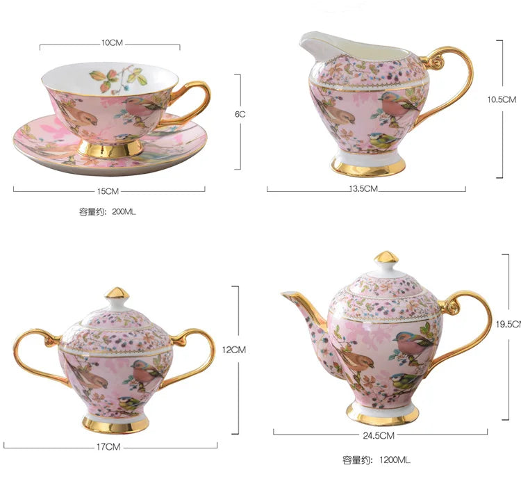 Kaffeeset aus Bone China – Pinker Vogel Stil – Elegantes Tee-Set