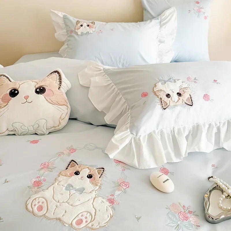 Katzen Bettwäsche Set – Blumendesign Baumwolle – Verschiedene Grössen