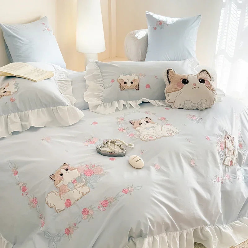 Katzen Bettwäsche Set – Blumendesign Baumwolle – Verschiedene Grössen