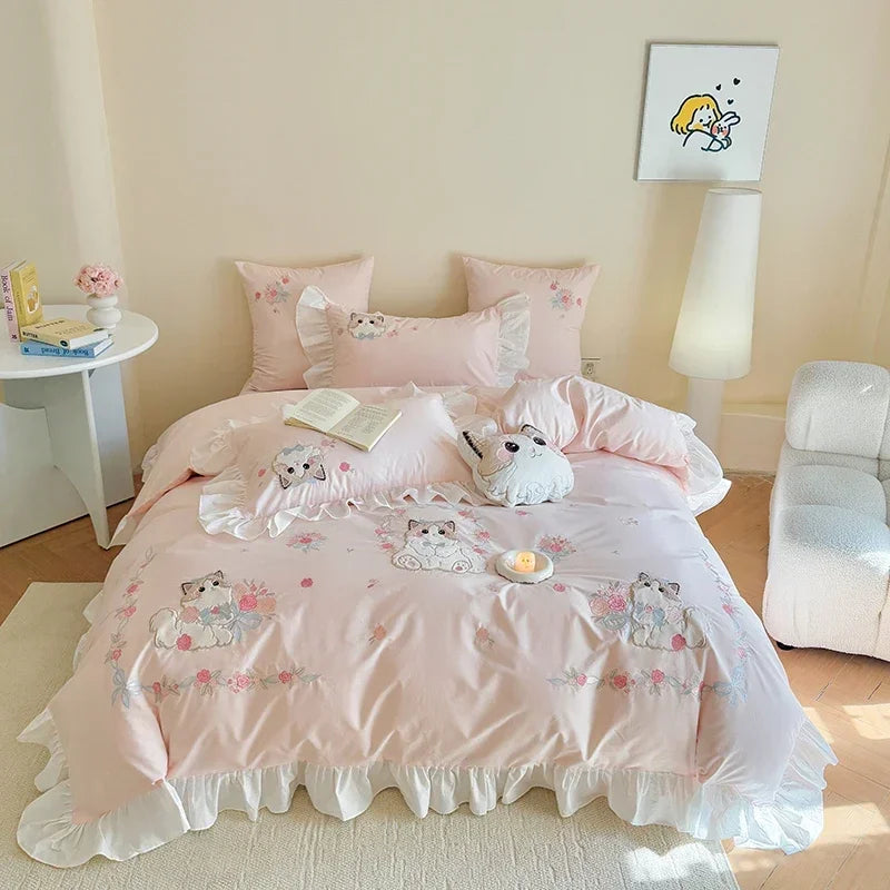 Katzen Bettwäsche Set – Blumendesign Baumwolle – Verschiedene Grössen