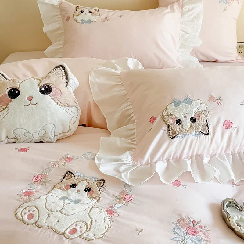 Katzen Bettwäsche Set – Blumendesign Baumwolle – Verschiedene Grössen