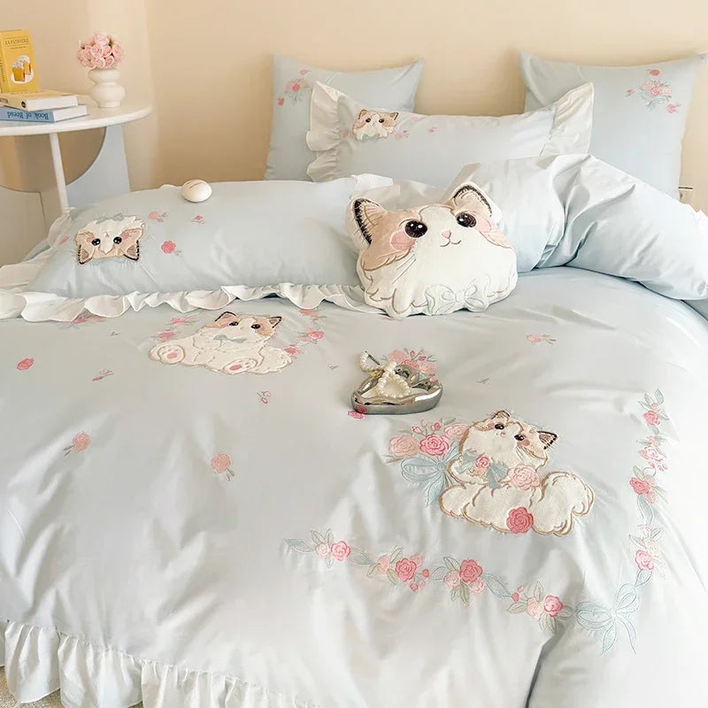 Katzen Bettwäsche Set – Blumendesign Baumwolle – Verschiedene Grössen