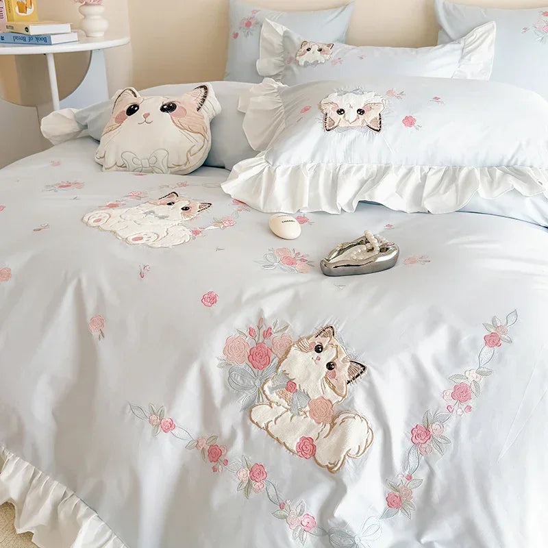 Katzen Bettwäsche Set – Blumendesign Baumwolle – Verschiedene Grössen