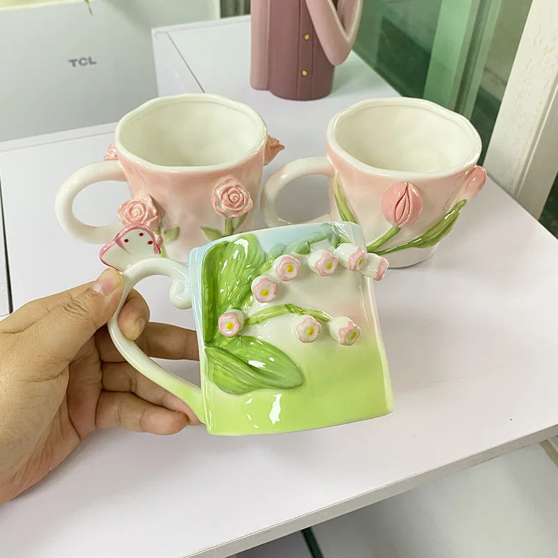 Keramik Kaffee Tasse - Rosa Tulpen-Design - 350ml