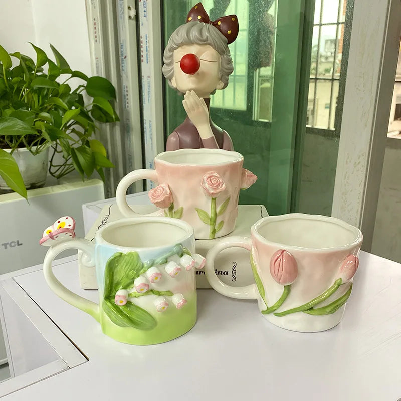 Keramik Kaffee Tasse - Rosa Tulpen-Design - 350ml